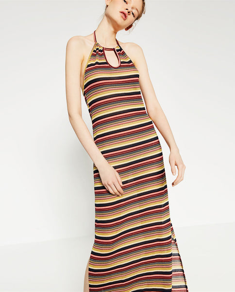 STRIPED HALTER NECK DRESS