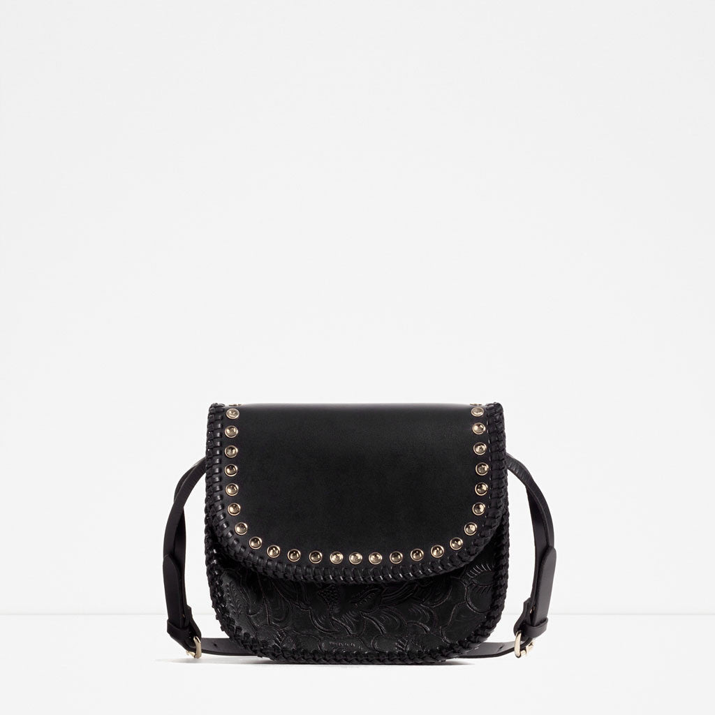 STUDDED EMBOSSED LEATHER CROSS BODY BAG